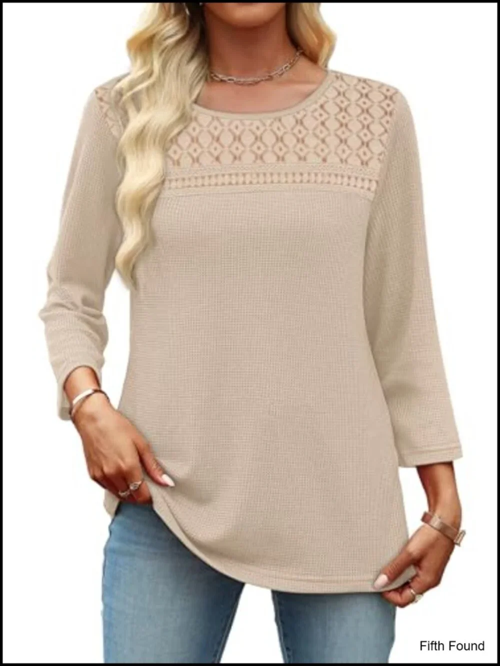 3/4 Length Sleeve Blouse Dressy Casual Lace Waffle Knit Top